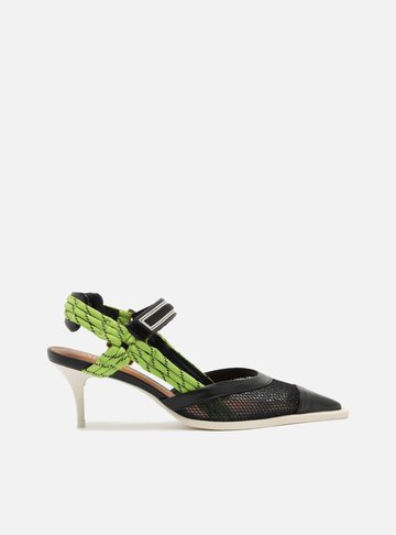 Scarpin Preto Tela Salto Baixo Slingback Cordão