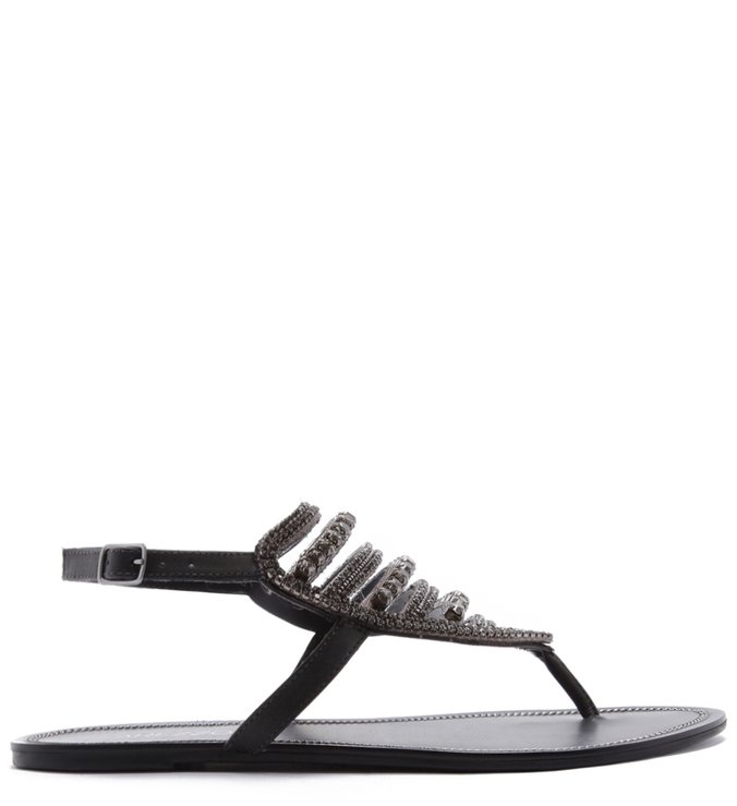 Sandália Couro Pedraria Rasteira Preta