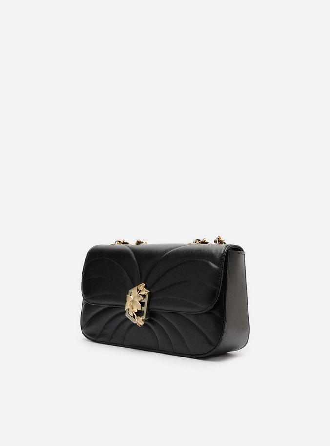 Bolsa Tiracolo Preta Couro Média Metal Flor