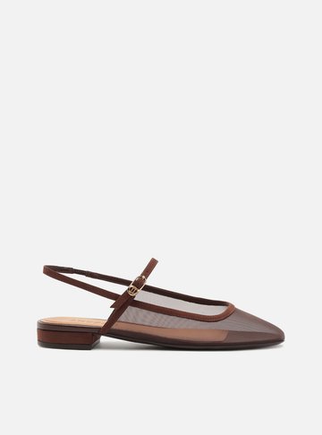 Arezzo — Sapatilha Marrom Tela Bico Quadrado Slingback