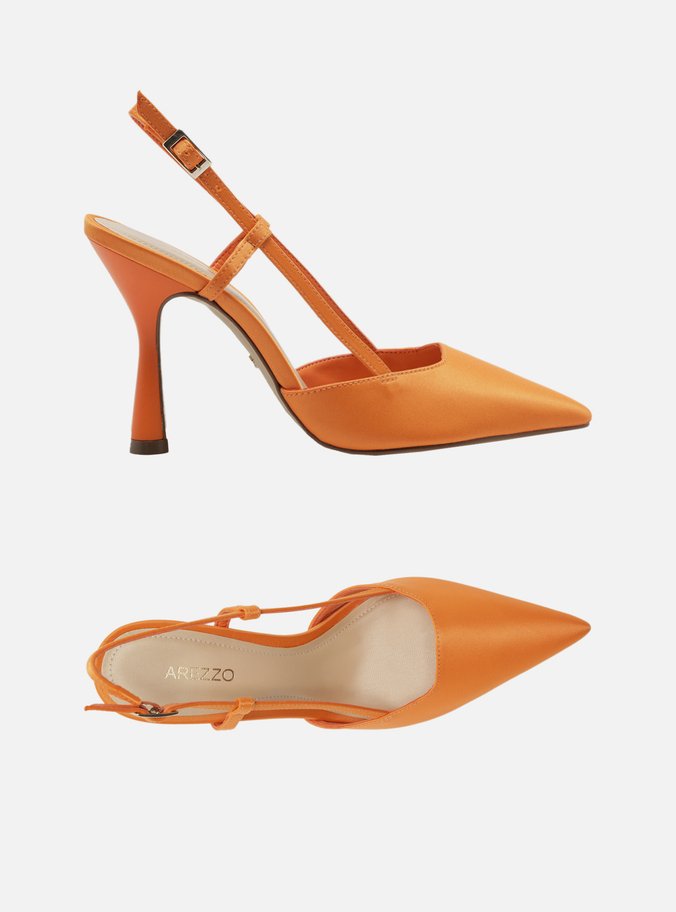 Scarpin Laranja Cetim Salto Alto Geométrico