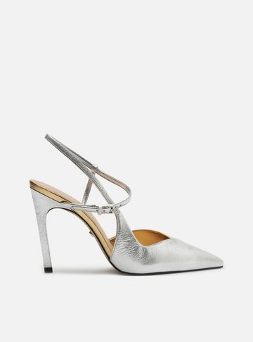 Scarpin Prateado Salto Alto Slingback Cruzado