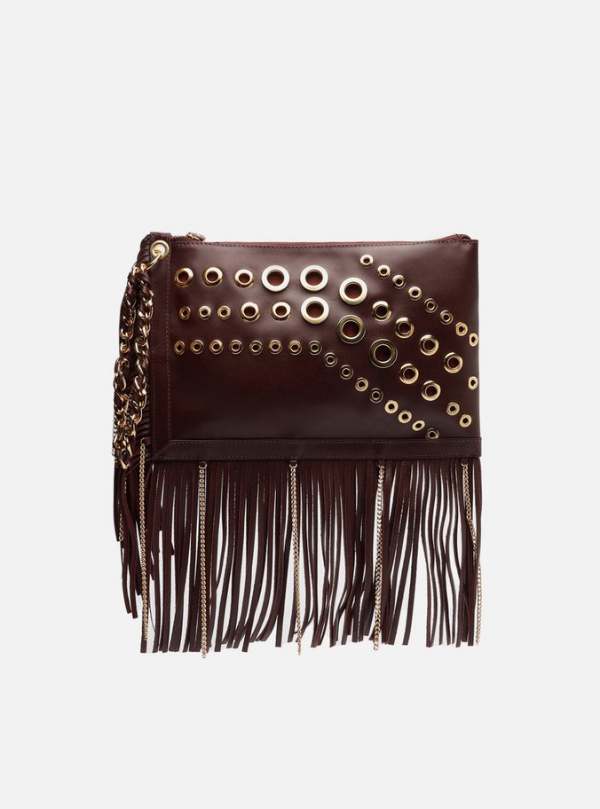 Clutch Vermelha Couro Média Franjas Ilhoses