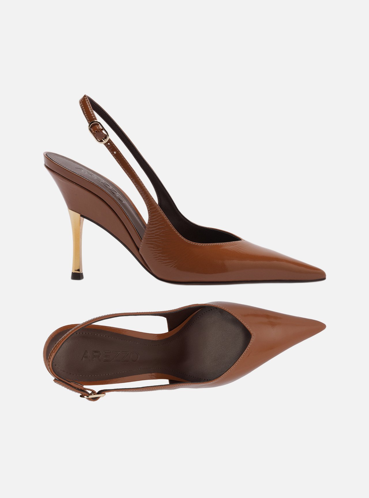 Scarpin Marrom Couro Slingback Salto Alto Dourado — foto 5