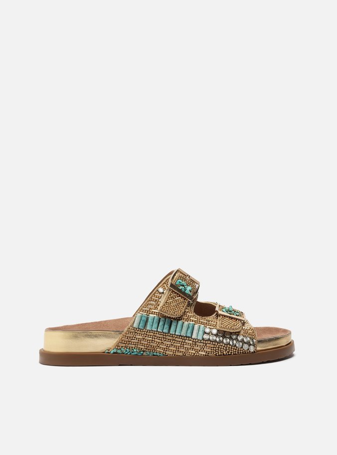 Slide Pedrarias Dourado Azul Fivelas