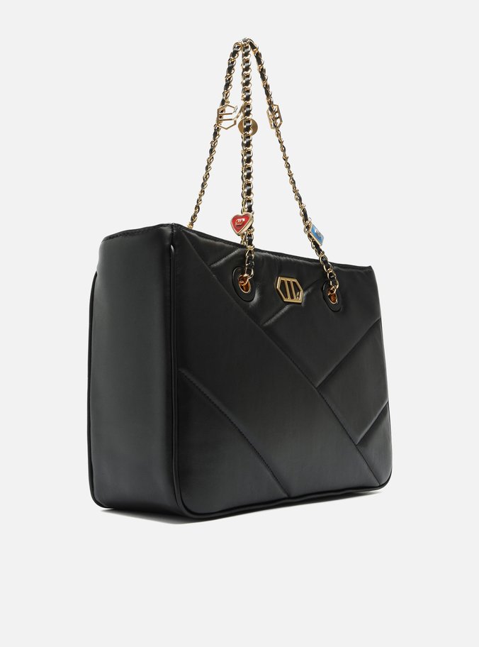 Bolsa Shopping Preta Couro Grande Pingentes