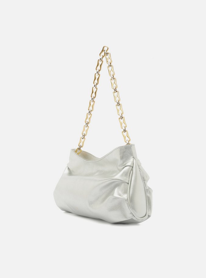 Bolsa Tiracolo Prateada Couro Média Corrente Mix
