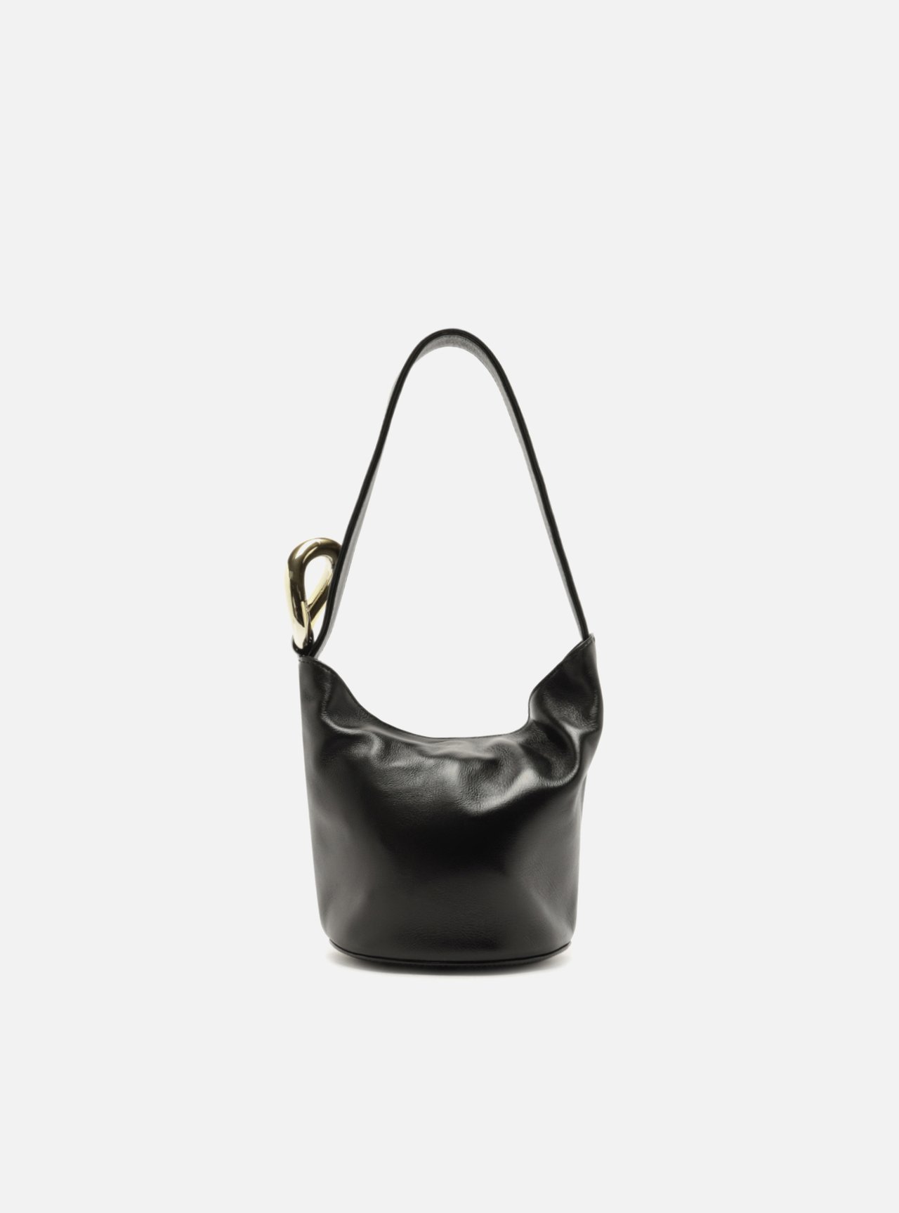 Bolsa Bucket Preta Pequena Alça Larga Couro Metais — foto 3