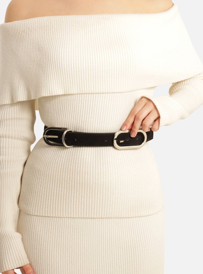 Cinto Preto Nobuck Médio Fivela Oval Dupla