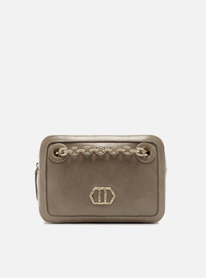 Bolsa Tiracolo Cinza Couro Média Metal Geométrico