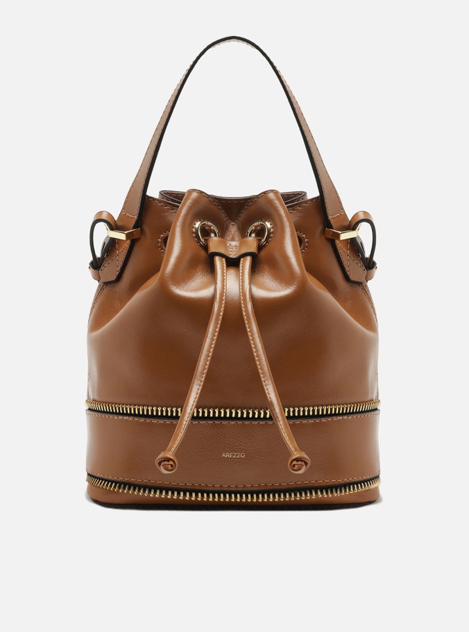 Bolsa Bucket Marrom Couro Média Zíper