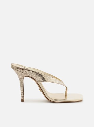 Tamanco Dourado Couro Salto Alto Thong
