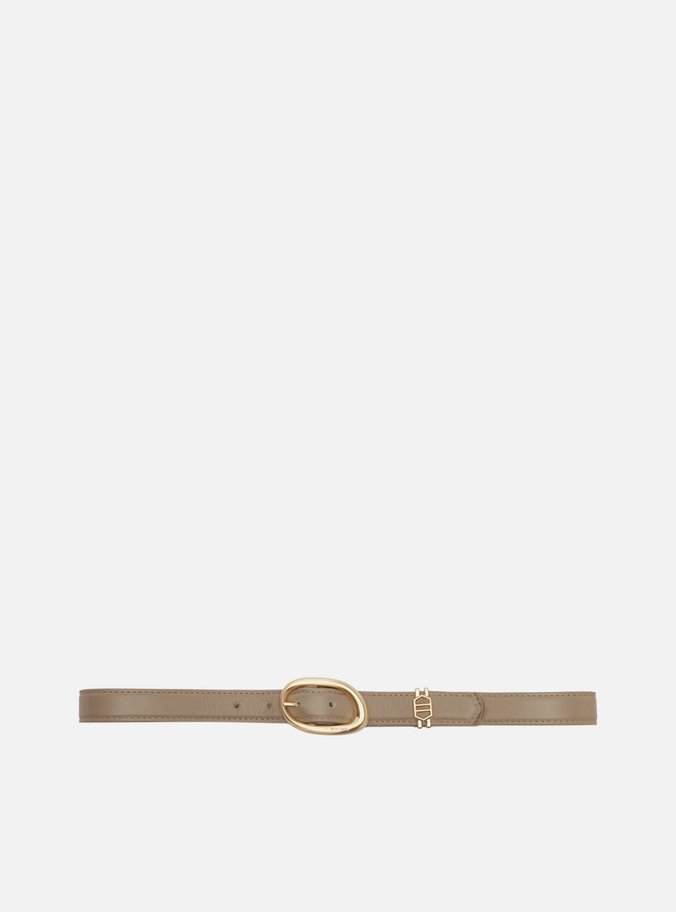 Cinto Cinza Couro Fivela Oval Dourado