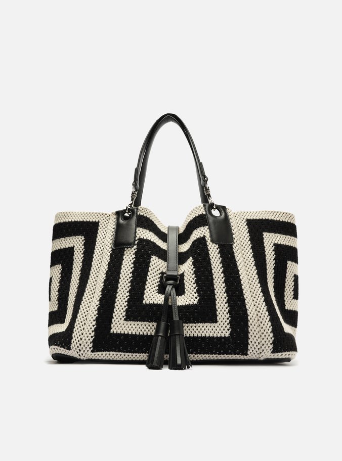 Bolsa Shopping Preta Crochê Grande Bicolor