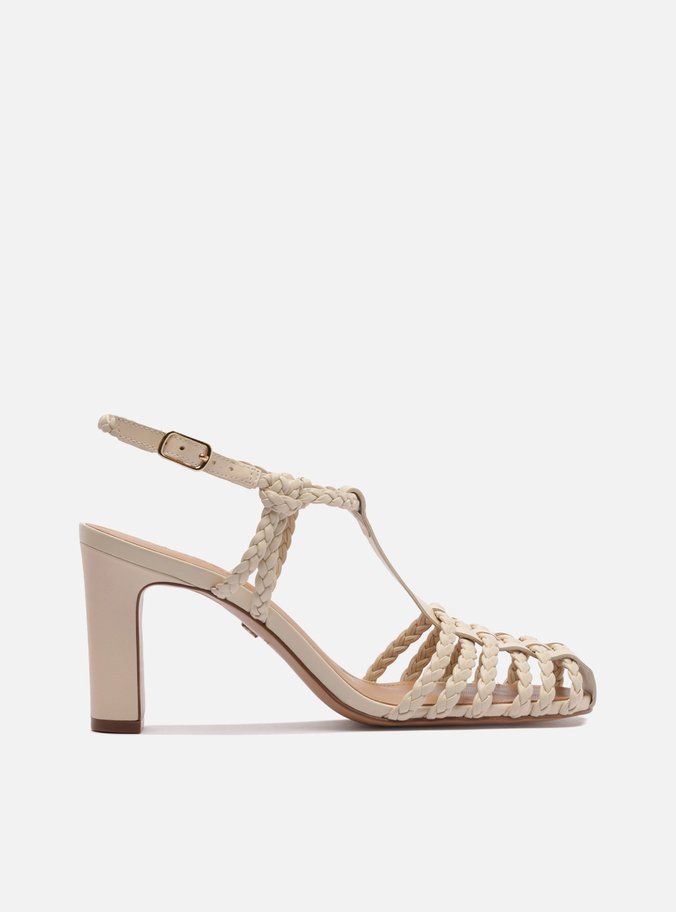 Sandália Off White Salto Médio Bloco Tiras Trançadas