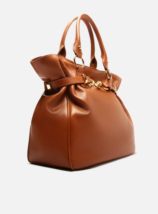 Bolsa Tote Marrom Couro Grande Metais