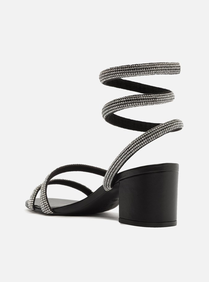 Sandália Preta Salto Bloco Espiral Strass Glam
