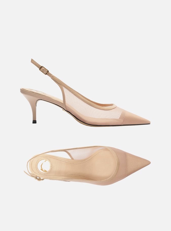 Scarpin Bege Tela Salto Kitten Slingback