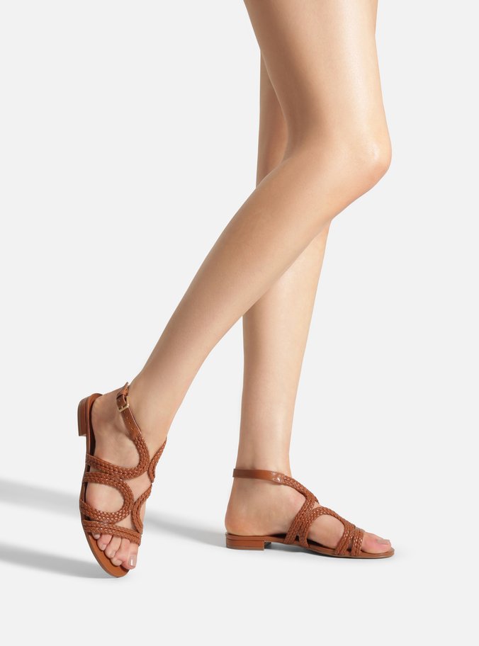 Sandália Rasteira Marrom Tiras Trançadas Mix