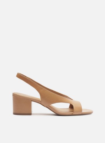 Sandália Nude Couro Bloco Tira Larga Slingback