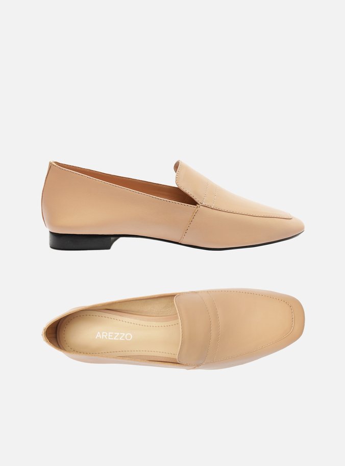 Mocassim Bege Couro Bico Quadrado Liso