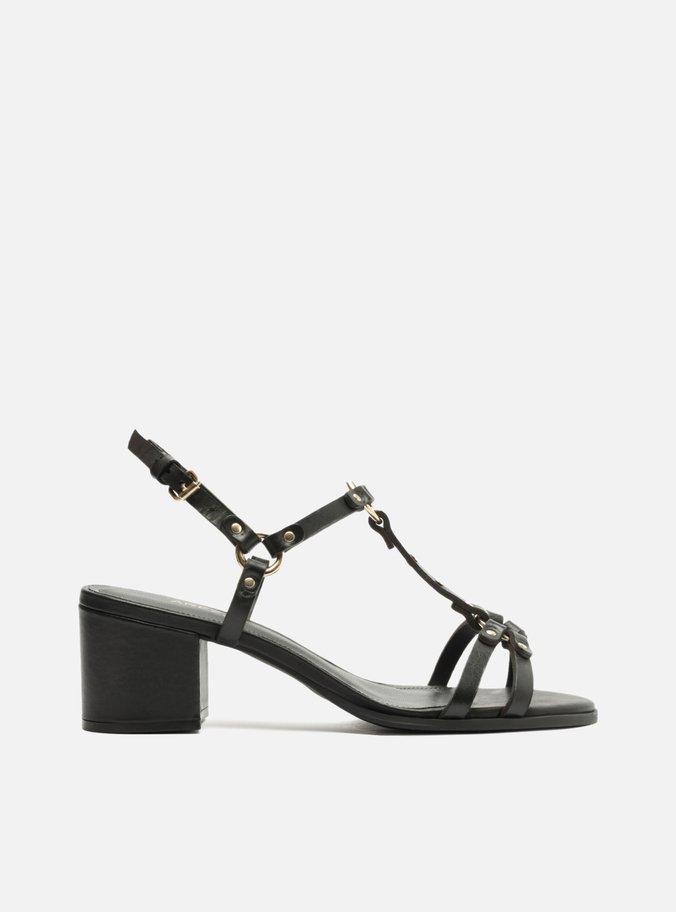 Sandália Preto Couro Salto Bloco Tiras Rebites