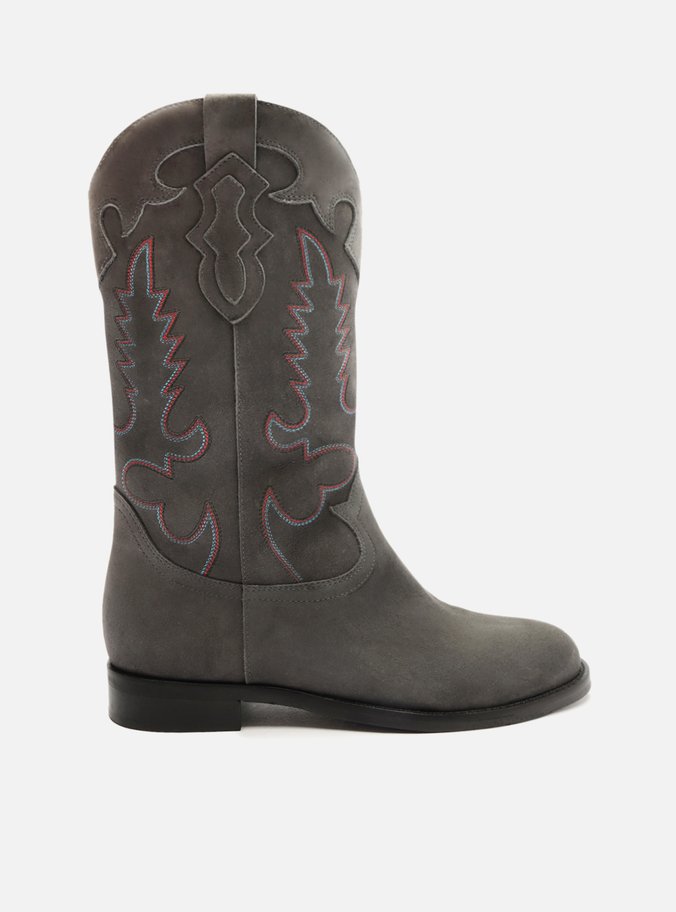 Bota Cinza Acamurçada Cano Longo Bordado Western