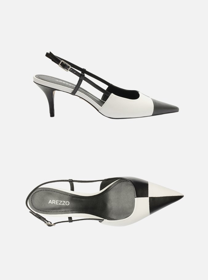 Scarpin Preto Couro Bico Fino Slingback Bicolor