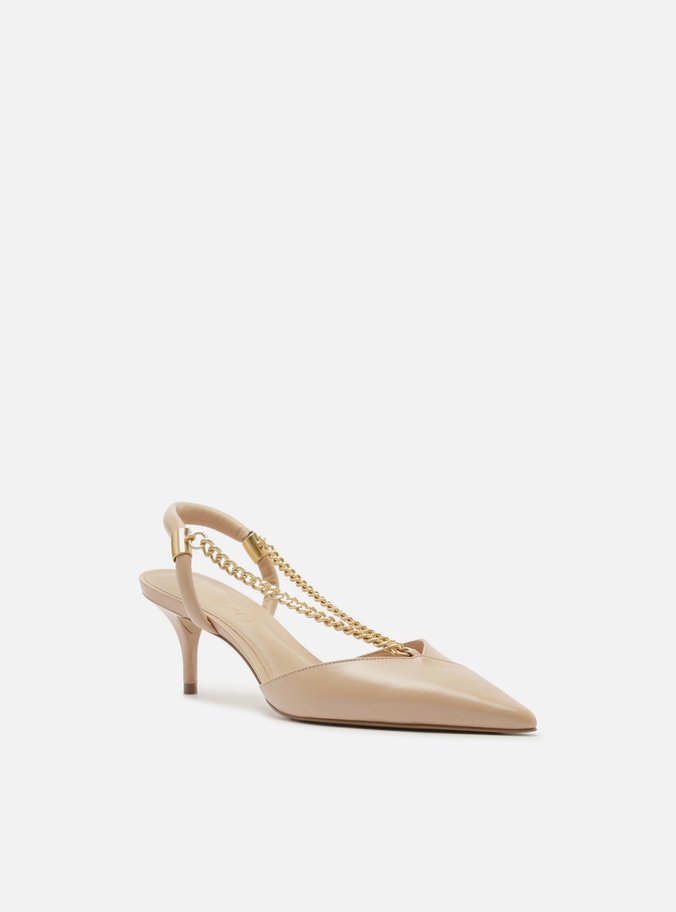 Scarpin Bege Couro Salto Baixo Corrente Esther