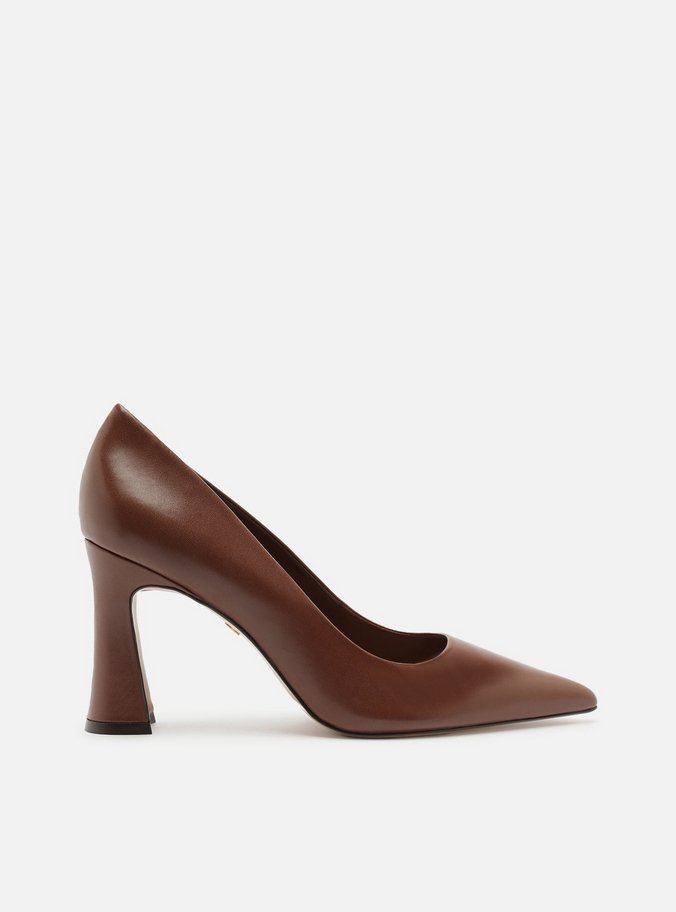 Scarpin Marrom Couro Salto Alto Bloco Flare
