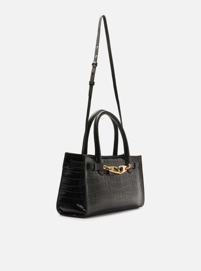Bolsa Tote Preta Couro Croco Grande Ganchos