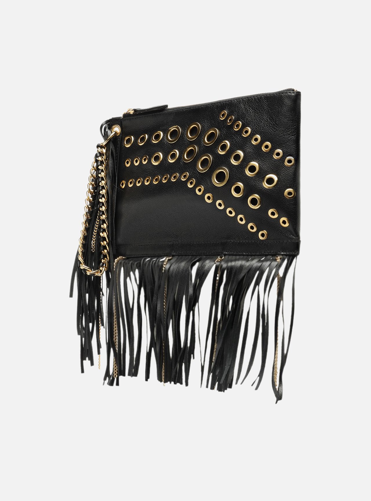 Clutch Preta Couro Média Franjas Ilhoses — foto 2