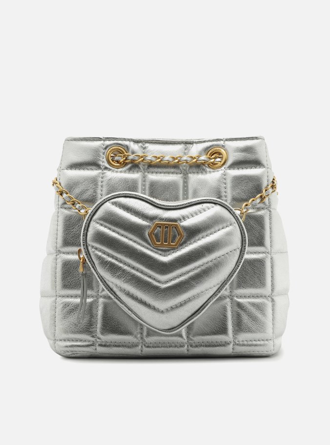 Bolsa Bucket Prata Couro Média Bolso Coração