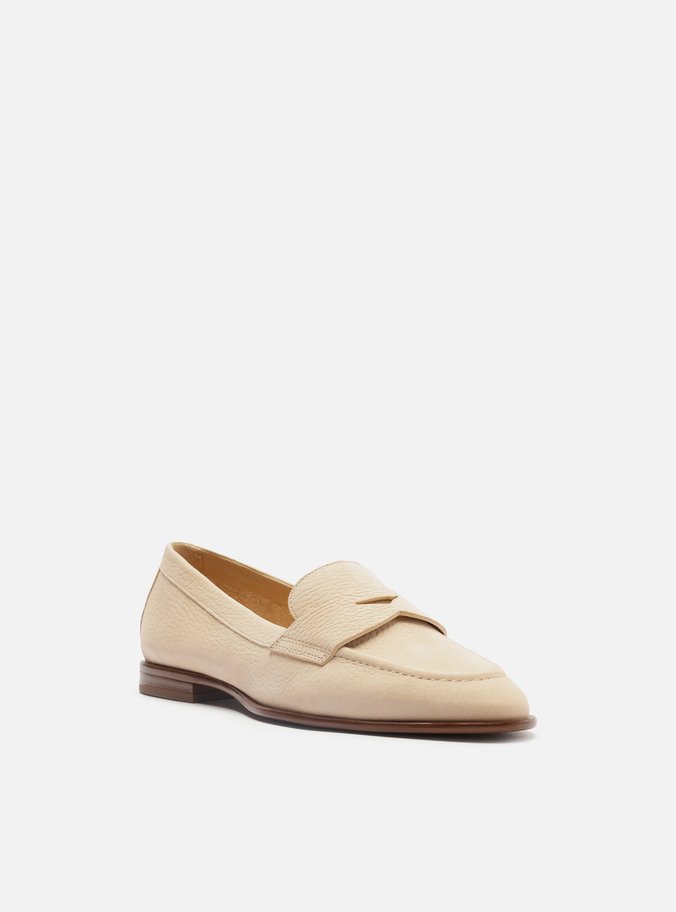 Mocassim Bege Creme Couro Bico Redondo Tira