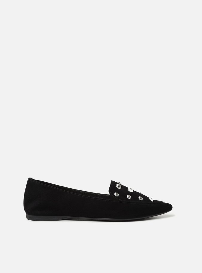 Mocassim Preto Couro Salto Rasteiro Strass