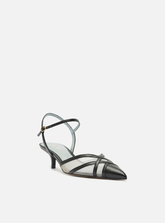 Scarpin Preto Couro Tela Salto Baixo Fivela