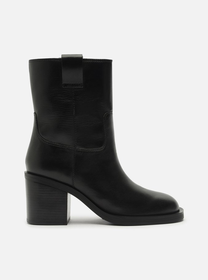 Bota Preta Couro Cano Médio Salto Bloco Tiras