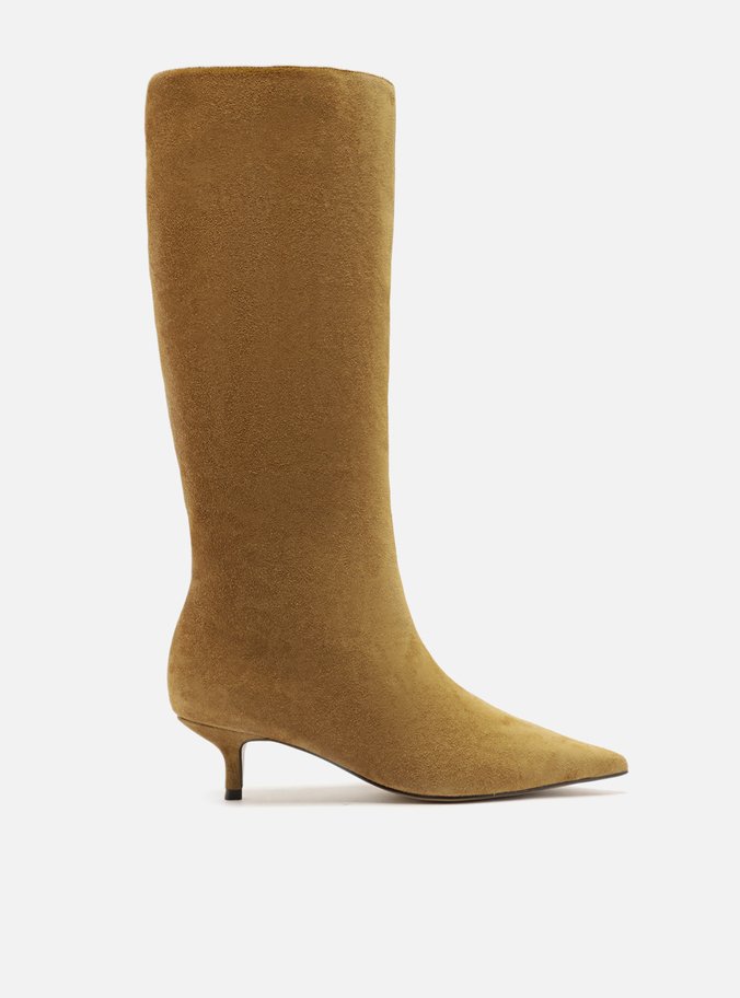 Bota Marrom Claro Camurça Salto Kitten Cano Longo