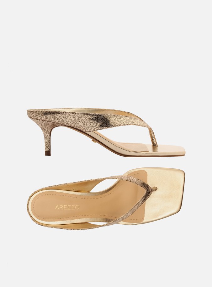 Tamanco Dourado Couro Salto Médio Thong