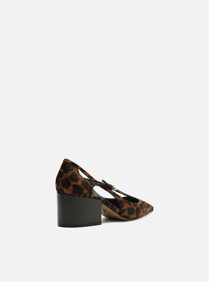 Scarpin Animal Print Couro Bloco Semi Aberto Tiras