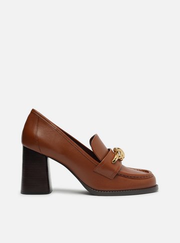 Loafer Caramelo Couro Salto Bloco Metal Nó