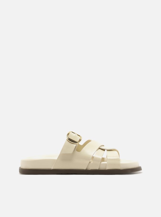 Sandália Papete Off White Couro Fivela Dourada
