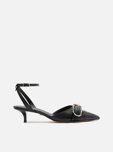Scarpin Preto Couro Salto Kitten Aberto Fivela