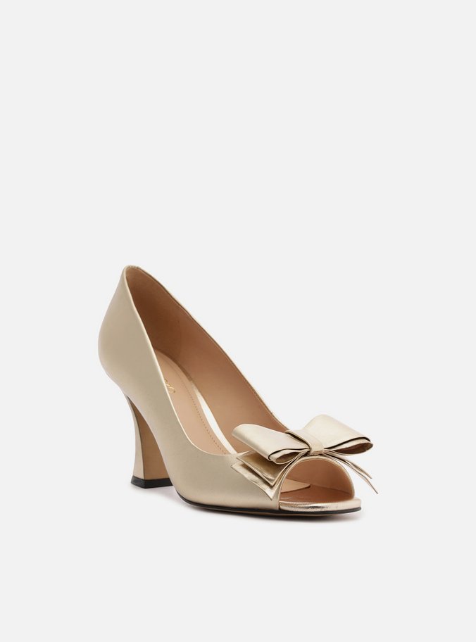 Peep Toe Dourado Couro Salto Médio Laço