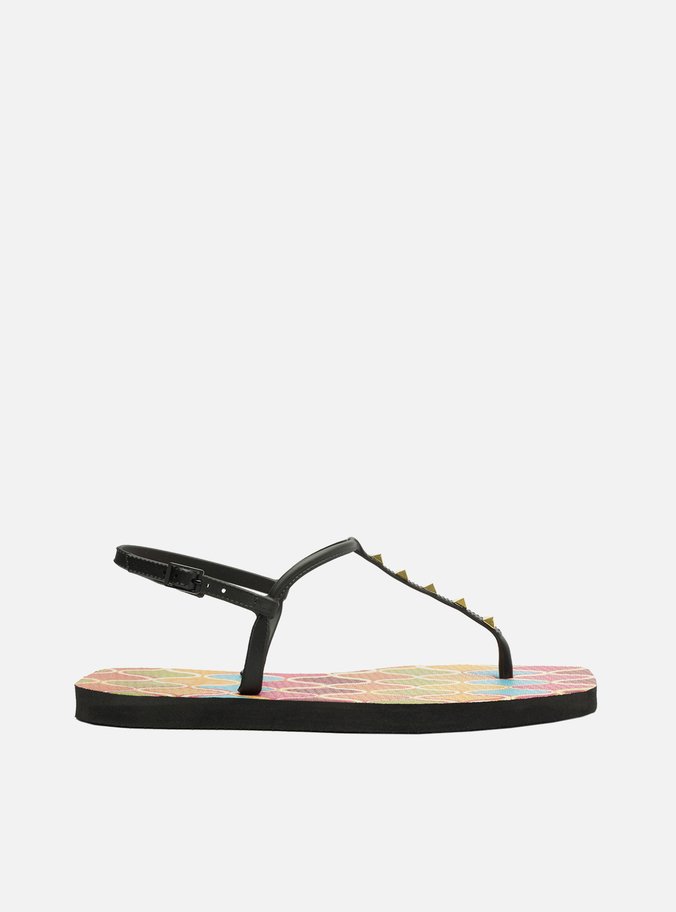 Sandália Rasteira Preta Estampa Square Thong Brizza
