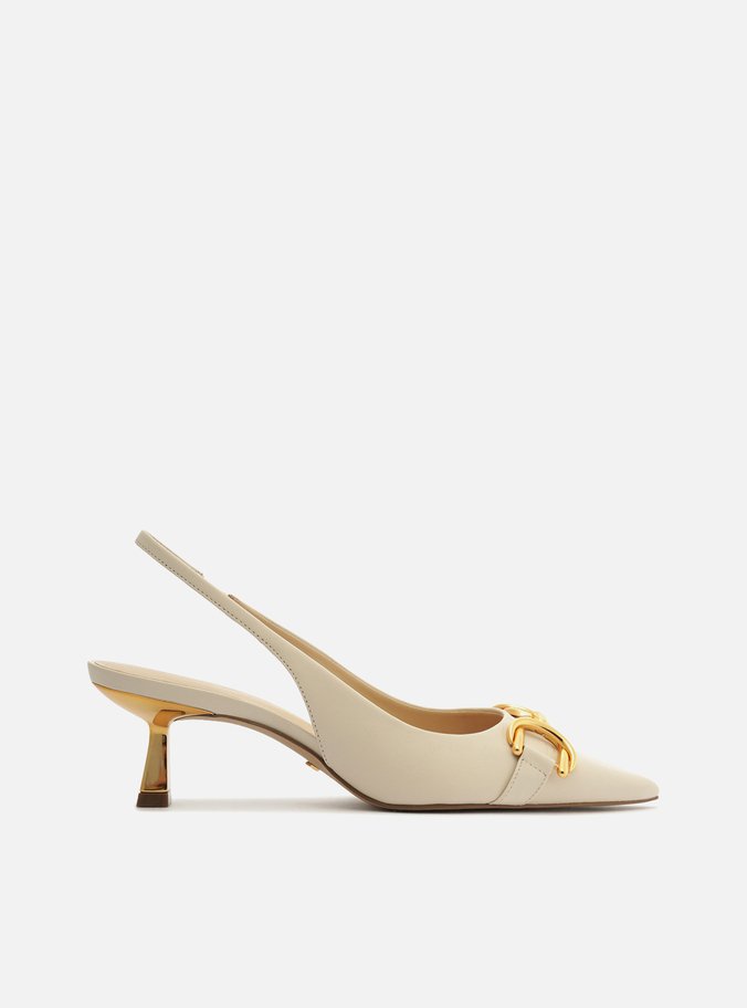 Scarpin Branco Couro Bico Fino Slingback Bridão
