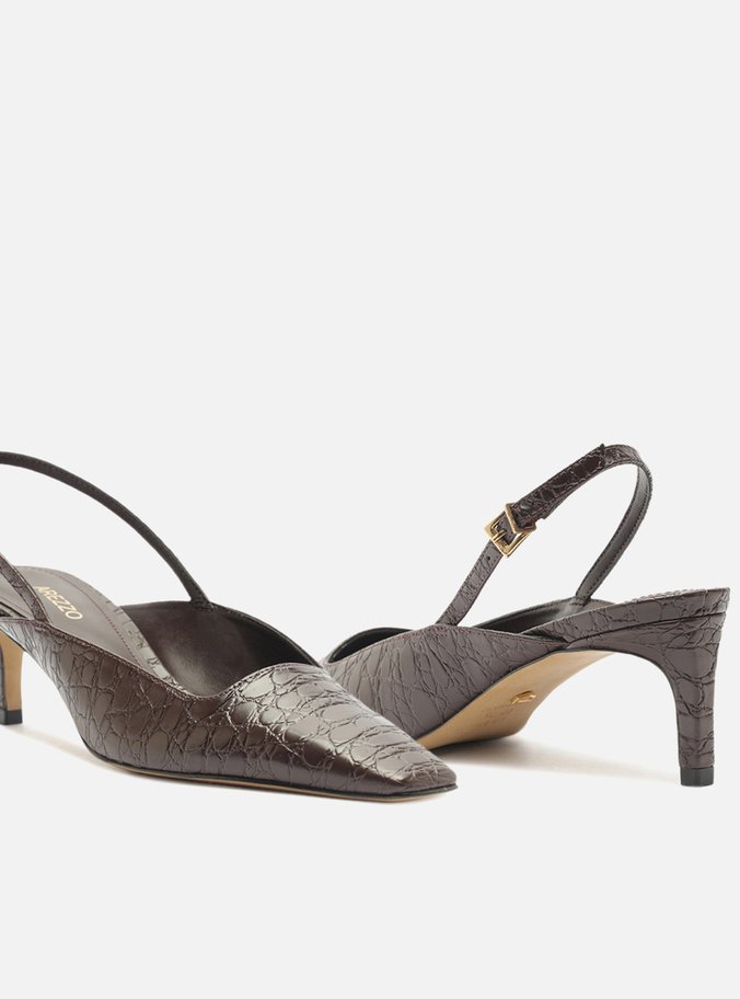 Scarpin Marrom Croco Salto Baixo Slingback