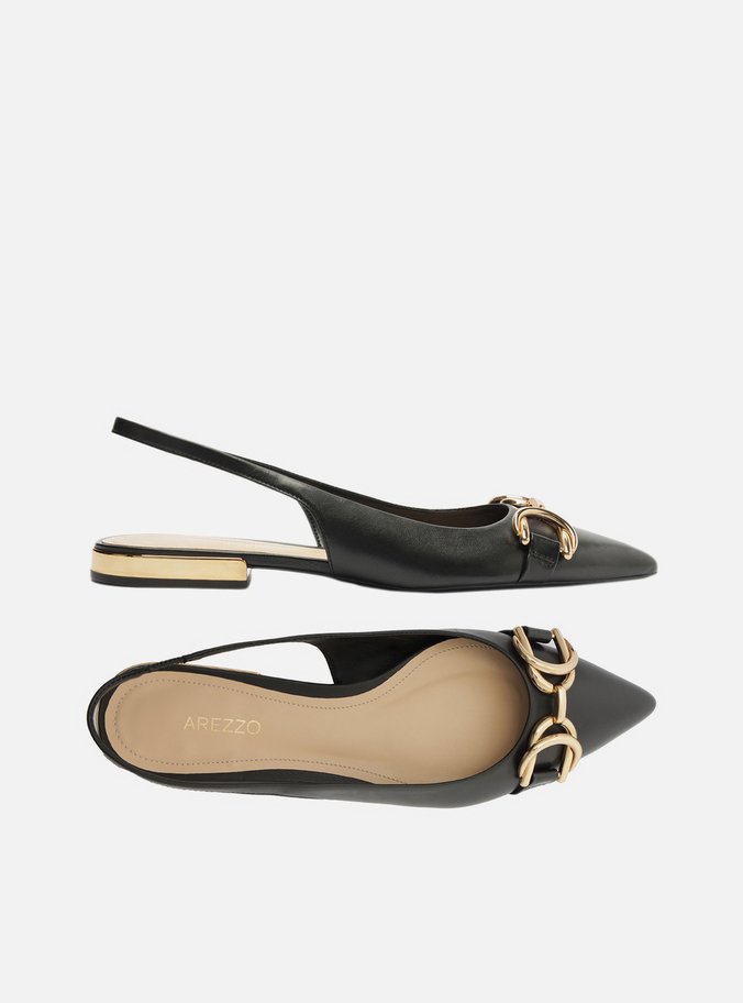 Sapatilha Preta Couro Bico Fino Slingback Bridão