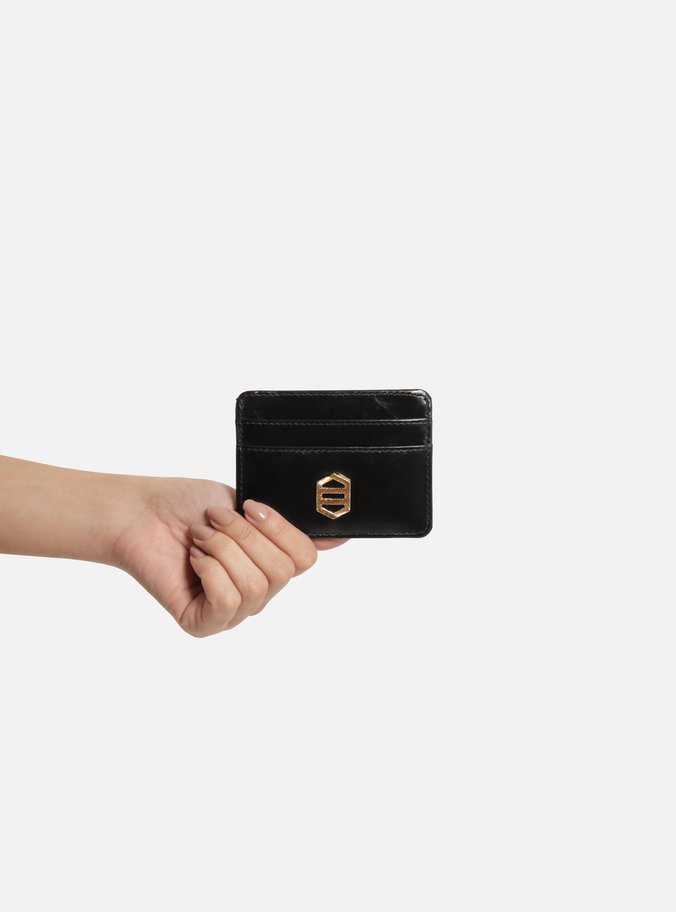 Porta-Cartões Preto Couro Metal