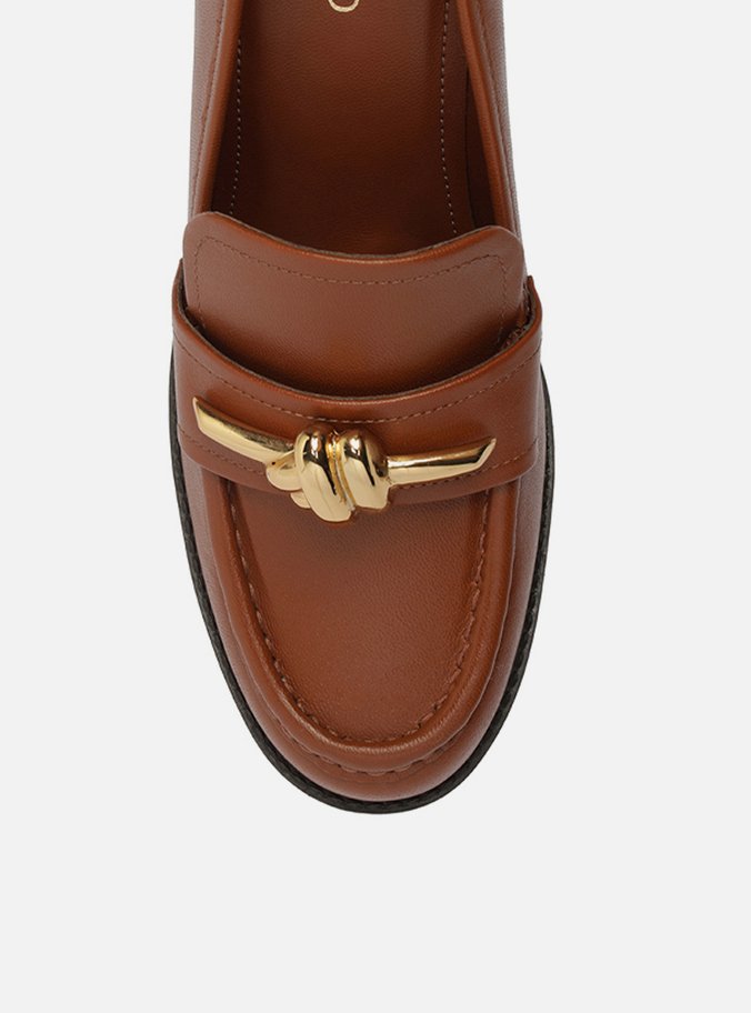 Loafer Caramelo Couro Salto Bloco Metal Nó